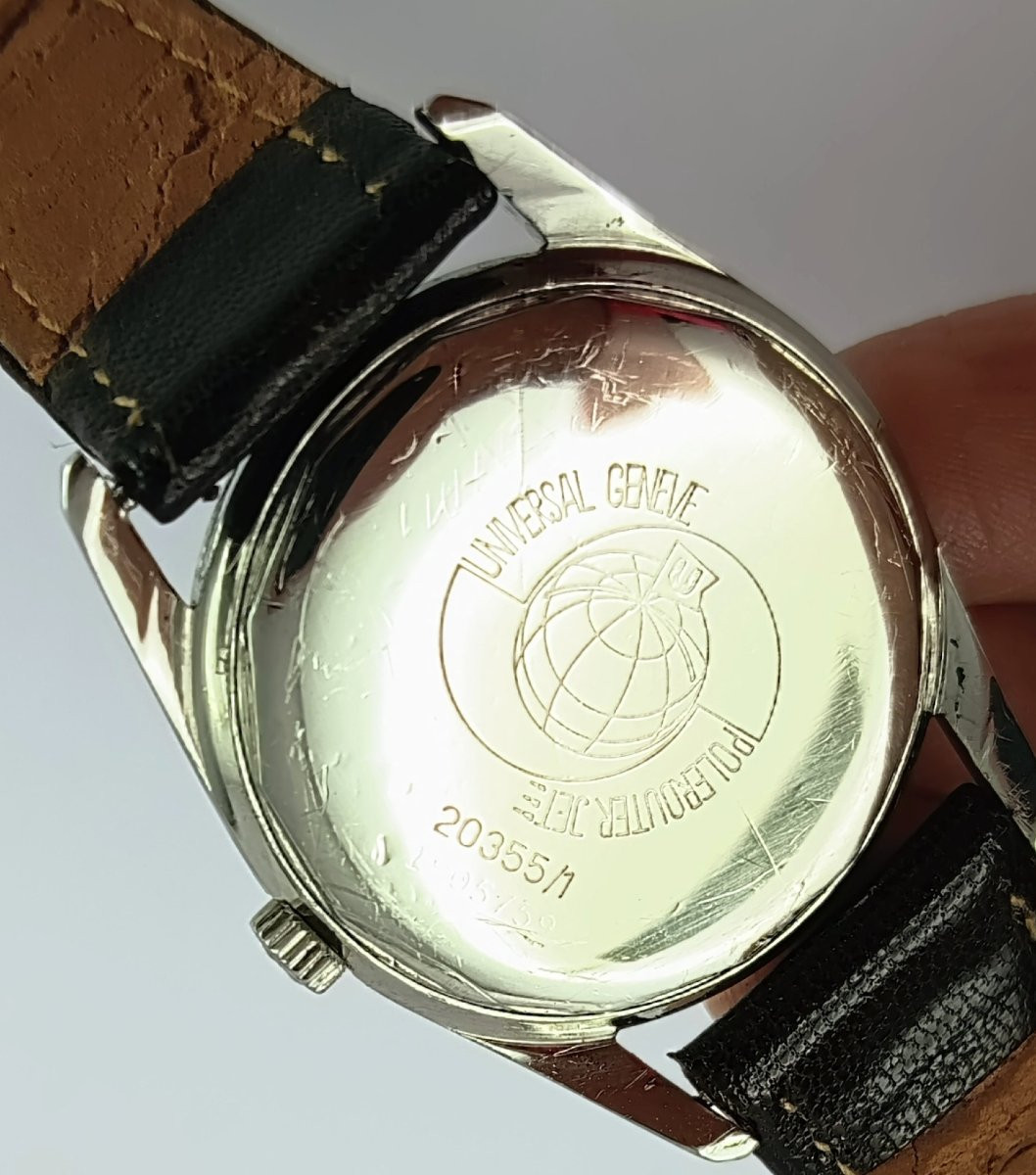 Universal Polerouter Jet Micro Rotor Automatic Watch 1955 Black Dial Steel On Leather-photo-6