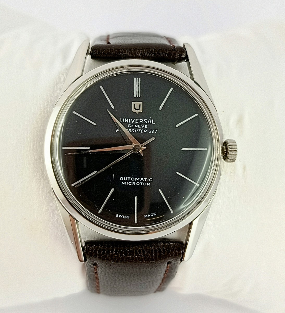 Universal Polerouter Jet Micro Rotor Automatic Watch 1955 Black Dial Steel On Leather