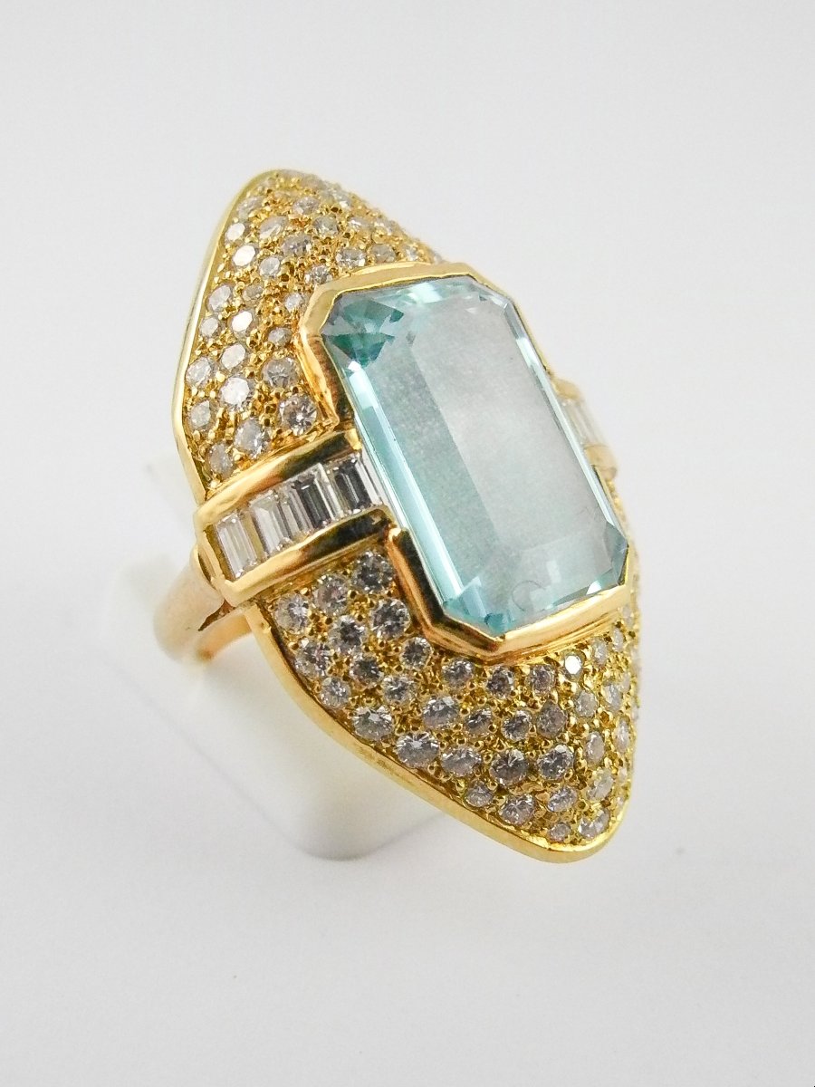 Bague Marquise Aigue-marine Pavage De Diamants Sur Or Jaune-photo-2