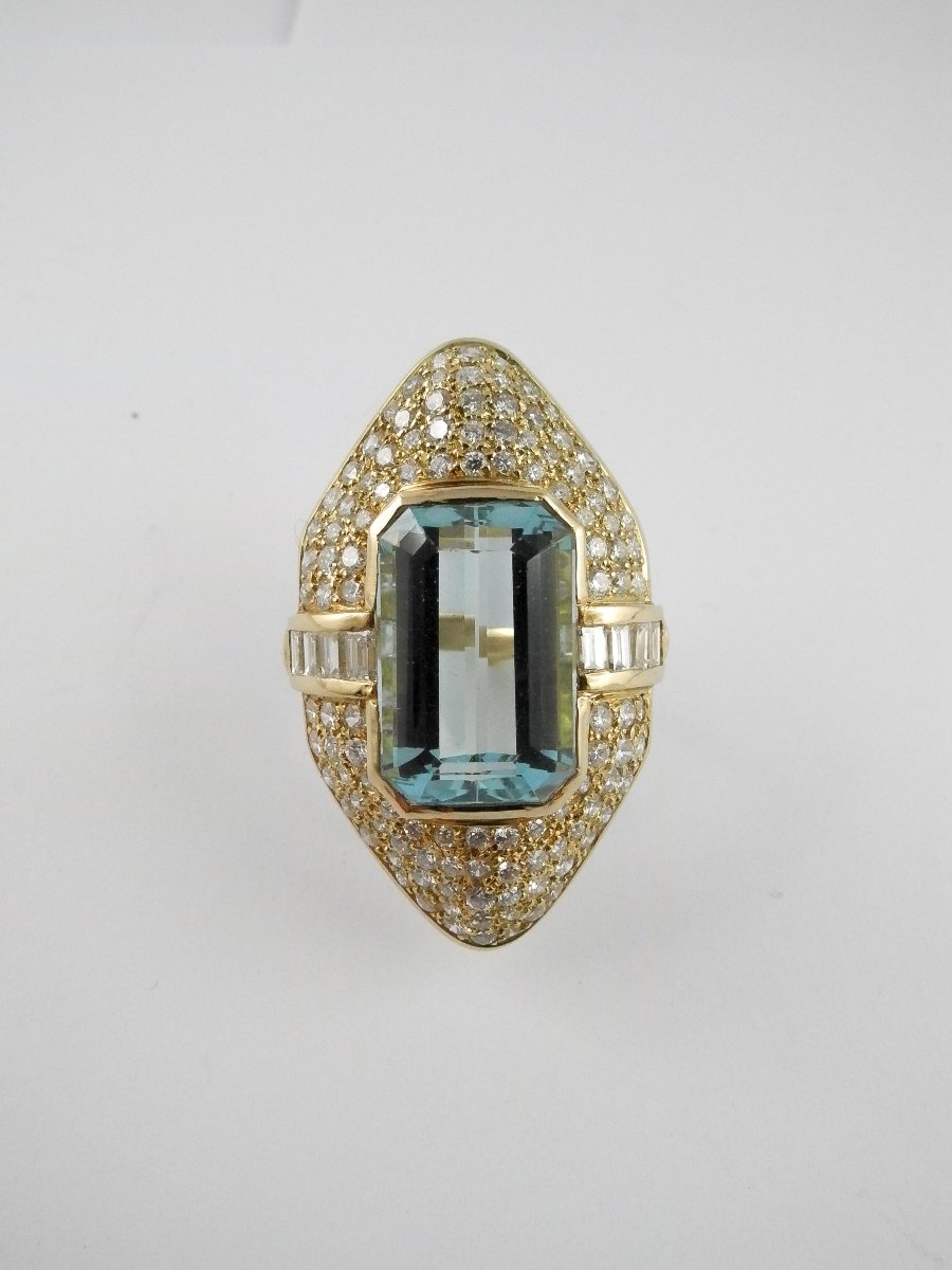 Bague Marquise Aigue-marine Pavage De Diamants Sur Or Jaune-photo-3