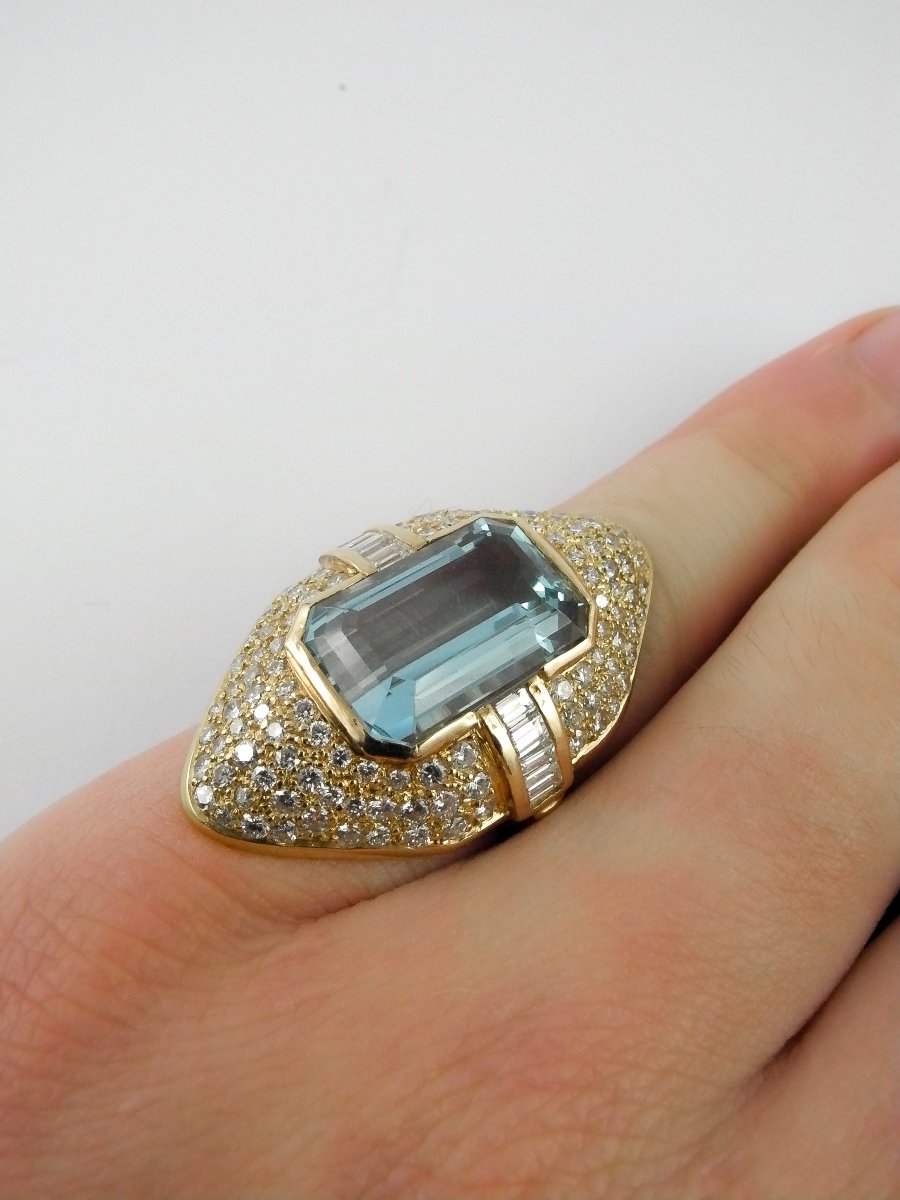 Bague Marquise Aigue-marine Pavage De Diamants Sur Or Jaune-photo-4