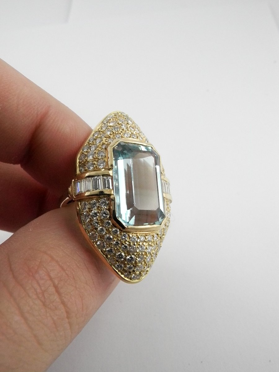 Bague Marquise Aigue-marine Pavage De Diamants Sur Or Jaune-photo-1