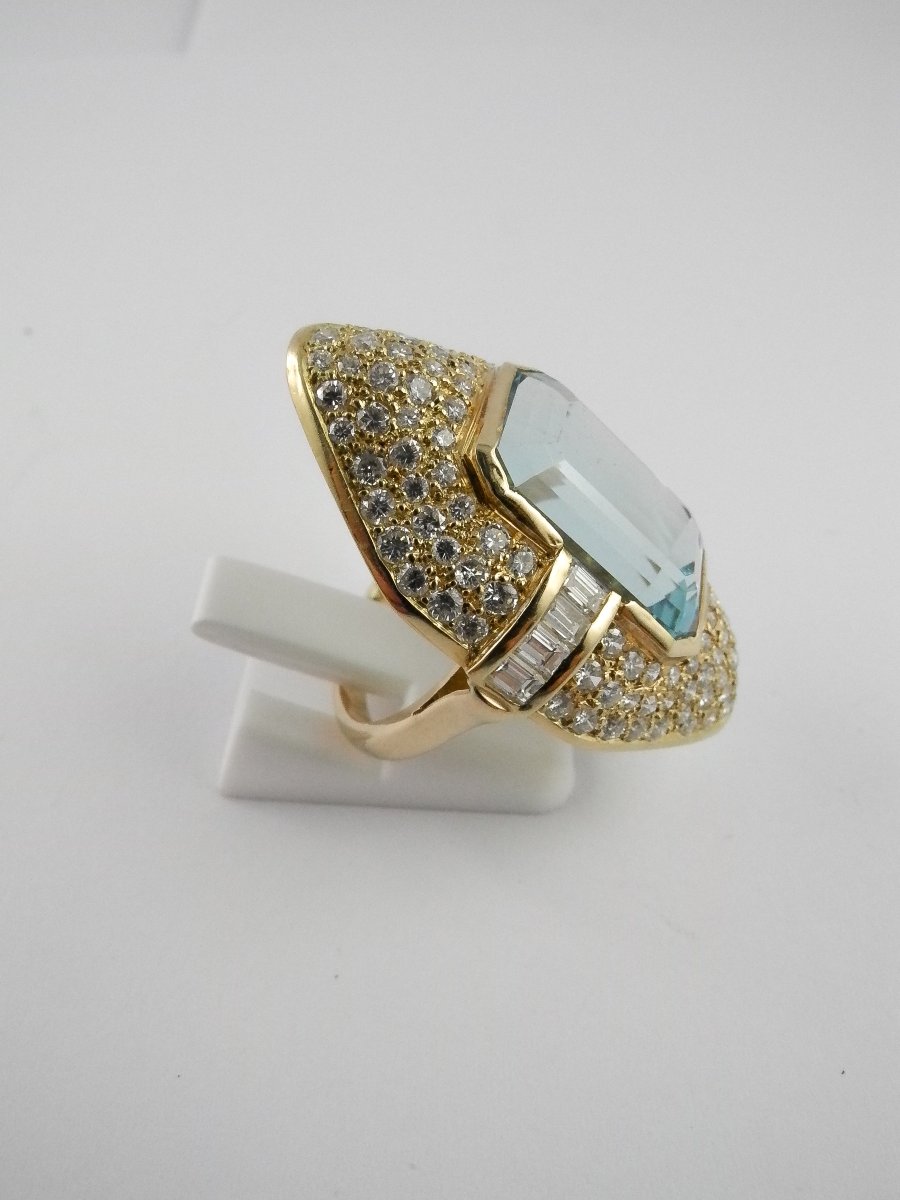 Bague Marquise Aigue-marine Pavage De Diamants Sur Or Jaune-photo-2