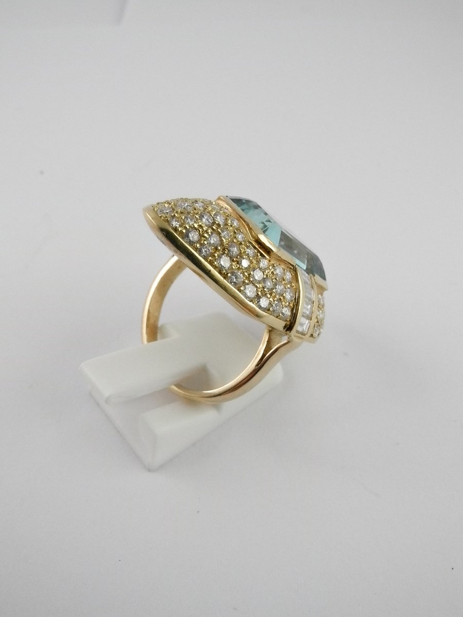 Bague Marquise Aigue-marine Pavage De Diamants Sur Or Jaune-photo-3