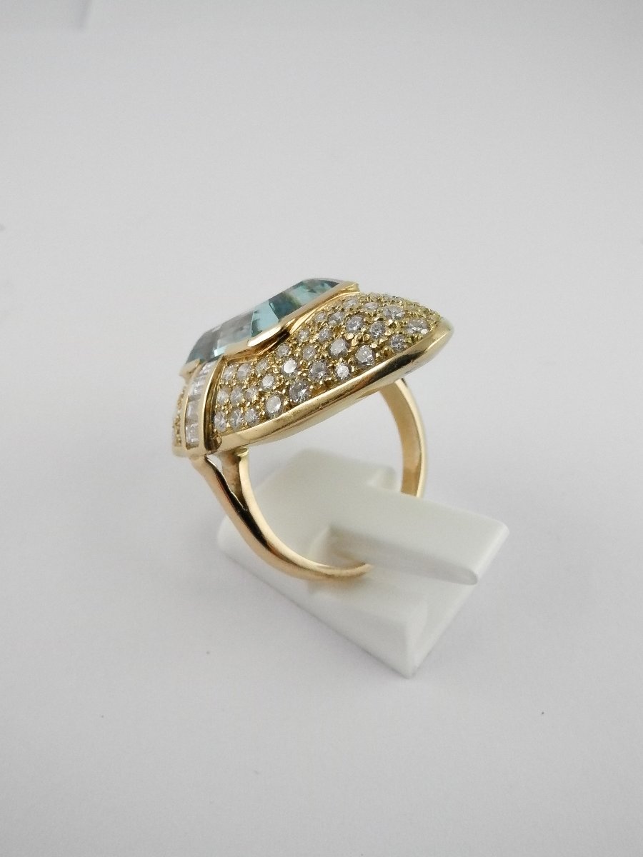 Bague Marquise Aigue-marine Pavage De Diamants Sur Or Jaune-photo-5