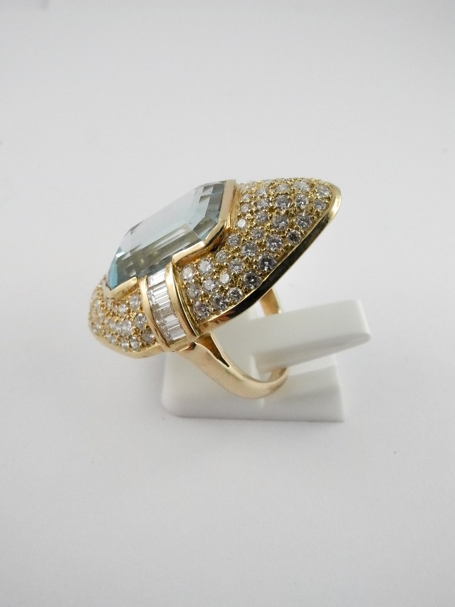 Bague Marquise Aigue-marine Pavage De Diamants Sur Or Jaune-photo-6