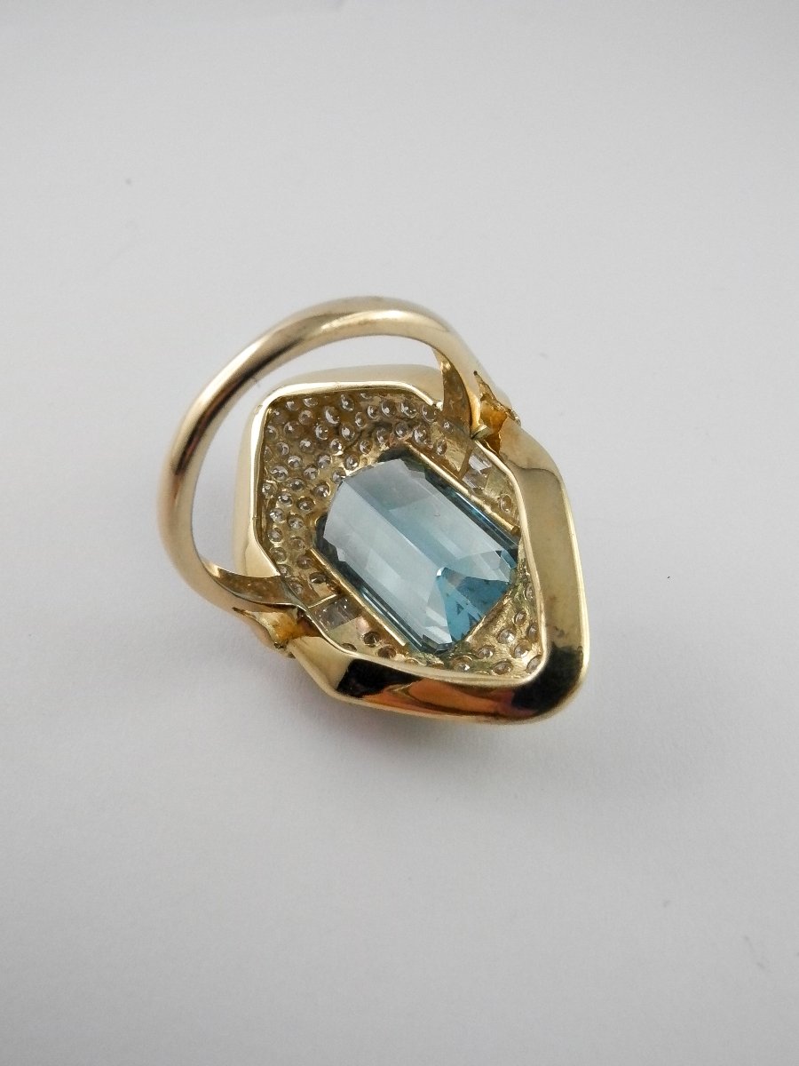 Bague Marquise Aigue-marine Pavage De Diamants Sur Or Jaune-photo-7