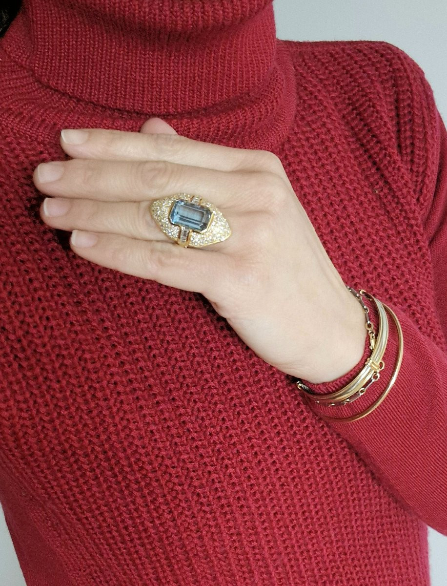 Bague Marquise Aigue-marine Pavage De Diamants Sur Or Jaune-photo-8
