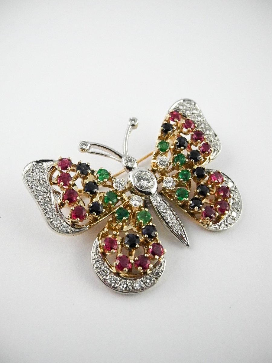 Broche Pendentif Trembleuse Papillon Diamants, Saphirs, Rubis et Emeraudes / Ors Jaune & Blanc-photo-2