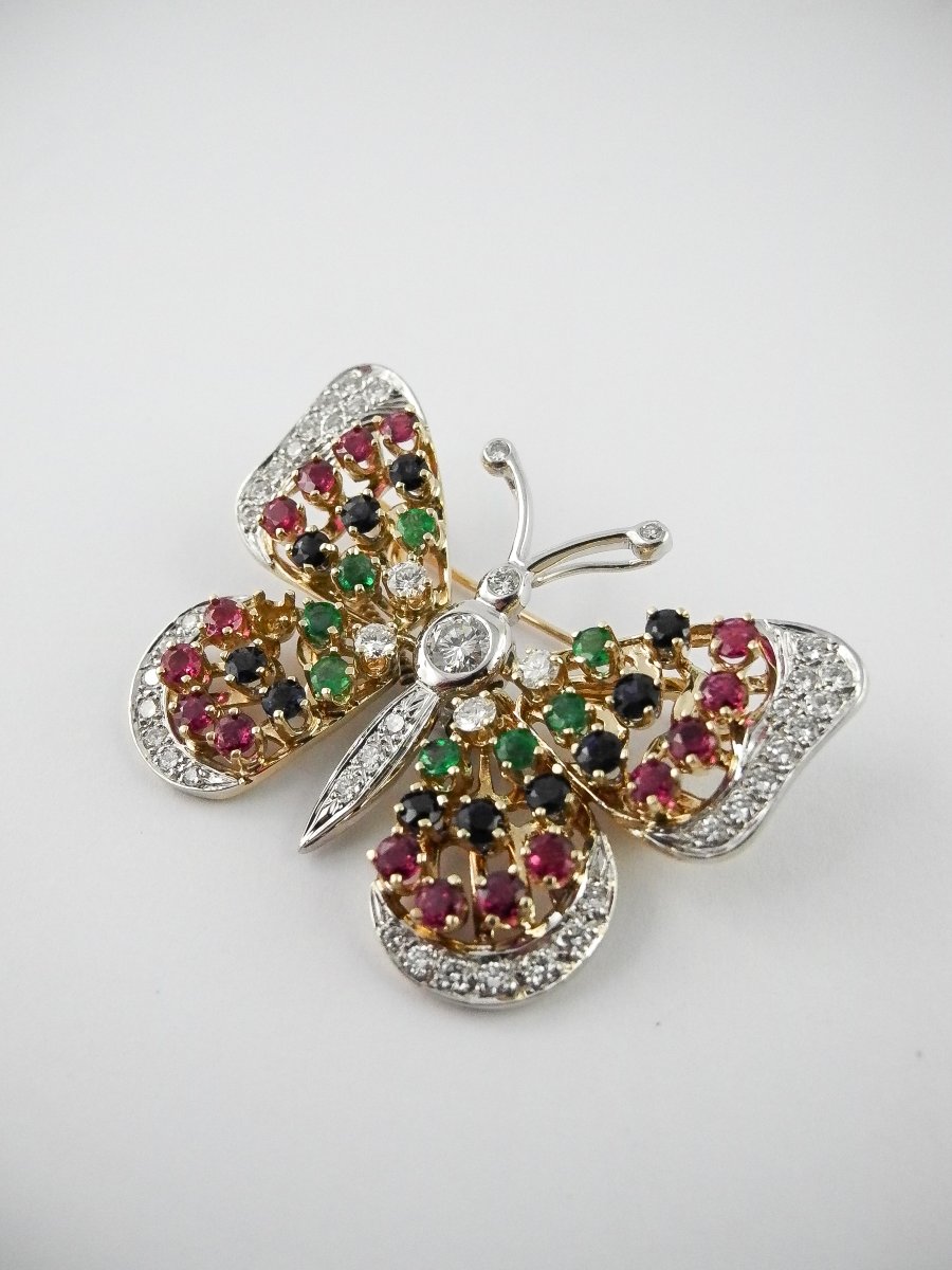 Broche Pendentif Trembleuse Papillon Diamants, Saphirs, Rubis et Emeraudes / Ors Jaune & Blanc-photo-4