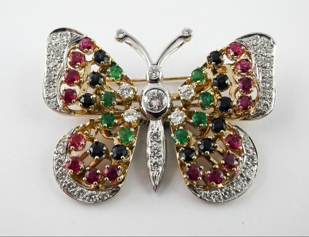 Broche Pendentif Trembleuse Papillon Diamants, Saphirs, Rubis et Emeraudes / Ors Jaune & Blanc-photo-3