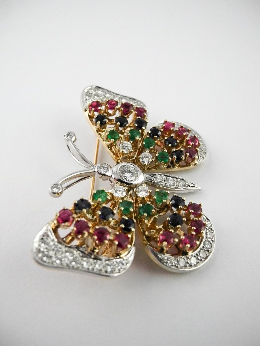 Broche Pendentif Trembleuse Papillon Diamants, Saphirs, Rubis et Emeraudes / Ors Jaune & Blanc-photo-1