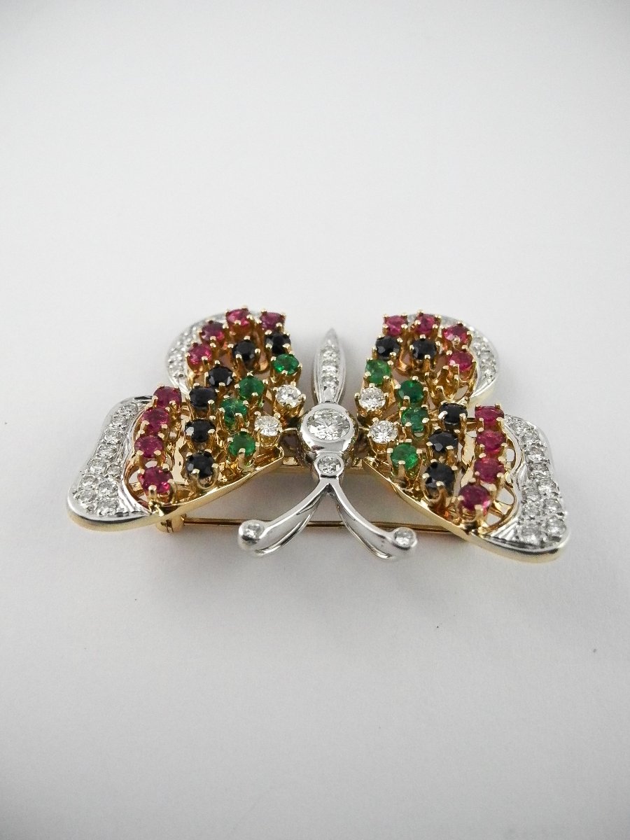 Broche Pendentif Trembleuse Papillon Diamants, Saphirs, Rubis et Emeraudes / Ors Jaune & Blanc-photo-4