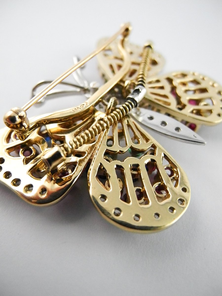Broche Pendentif Trembleuse Papillon Diamants, Saphirs, Rubis et Emeraudes / Ors Jaune & Blanc-photo-6