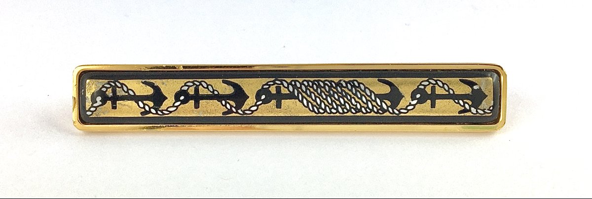 Hermès Tie Clip, Enamel, Nautical Motif, Anchors And Ropes On Gold-plated Metal-photo-2