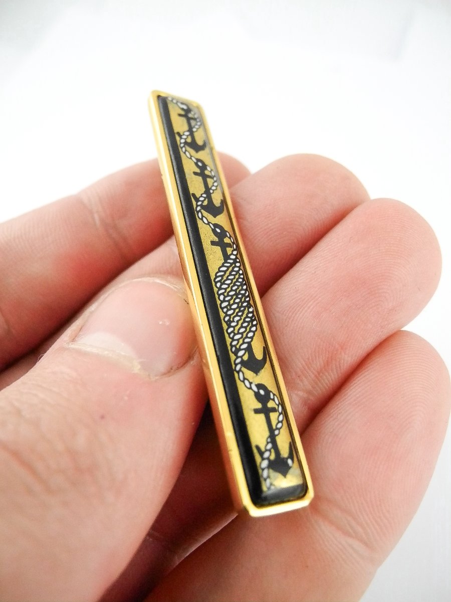 Hermès Tie Clip, Enamel, Nautical Motif, Anchors And Ropes On Gold-plated Metal-photo-8