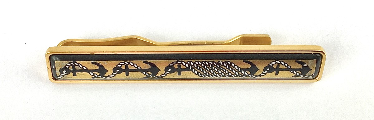 Hermès Tie Clip, Enamel, Nautical Motif, Anchors And Ropes On Gold-plated Metal
