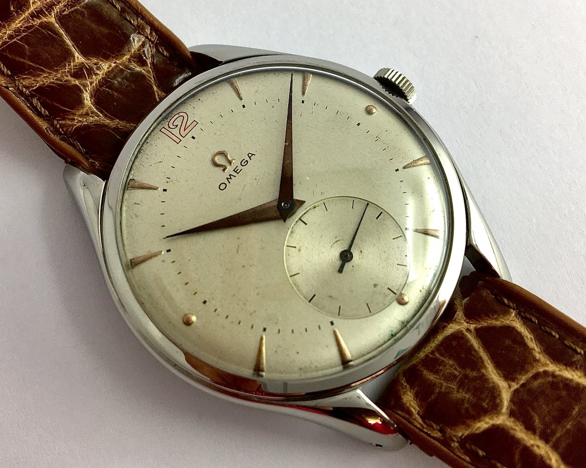 Omega Grande Ouverture 1950s Mechanical Watch, Steel On Leather-photo-2
