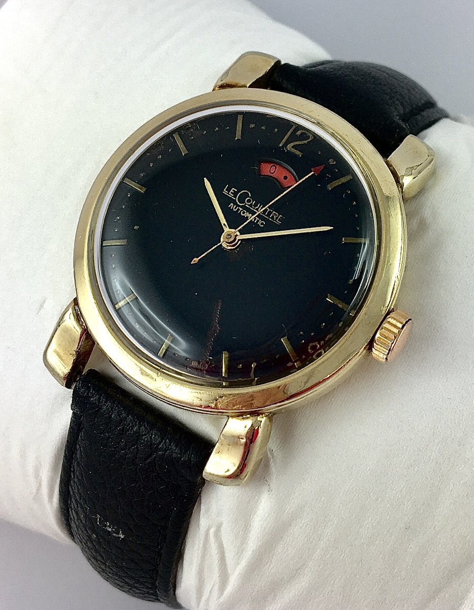 Lecoultre Powermatic Automatic Watch, Black Dial, Power Reserve, 1950s Style, Gold-filled Leather Strap-photo-3