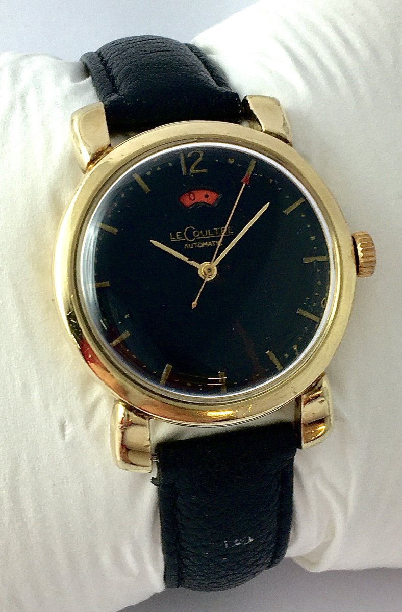 Lecoultre Powermatic Automatic Watch, Black Dial, Power Reserve, 1950s Style, Gold-filled Leather Strap-photo-4