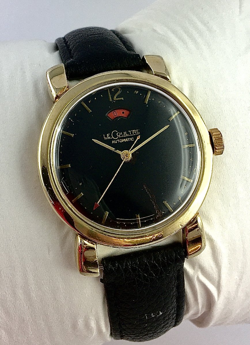 Lecoultre Powermatic Automatic Watch, Black Dial, Power Reserve, 1950s Style, Gold-filled Leather Strap-photo-1