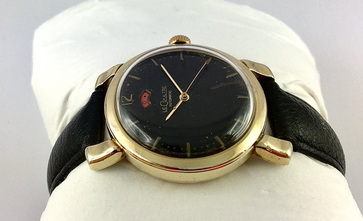 Lecoultre Powermatic Automatic Watch, Black Dial, Power Reserve, 1950s Style, Gold-filled Leather Strap-photo-2