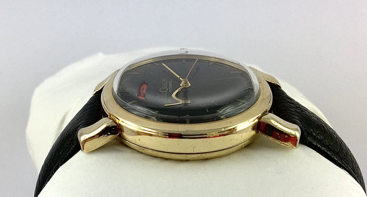 Lecoultre Powermatic Automatic Watch, Black Dial, Power Reserve, 1950s Style, Gold-filled Leather Strap-photo-3