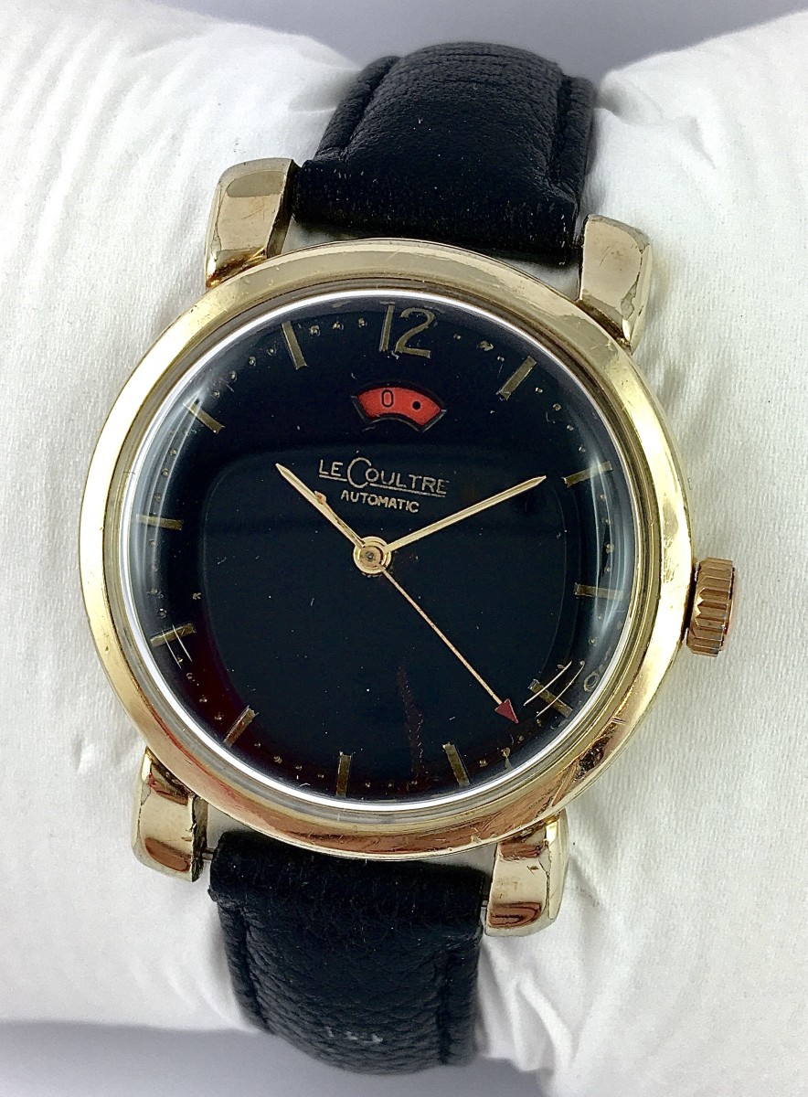 Lecoultre Powermatic Automatic Watch, Black Dial, Power Reserve, 1950s Style, Gold-filled Leather Strap