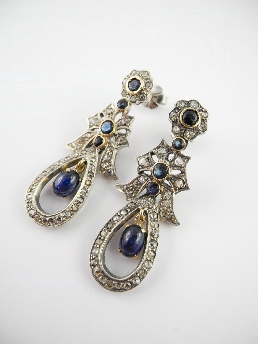 Dangle Earrings With Garland And Knot Motifs, Sapphires And Diamonds On Yellow Gold And Silver-photo-2