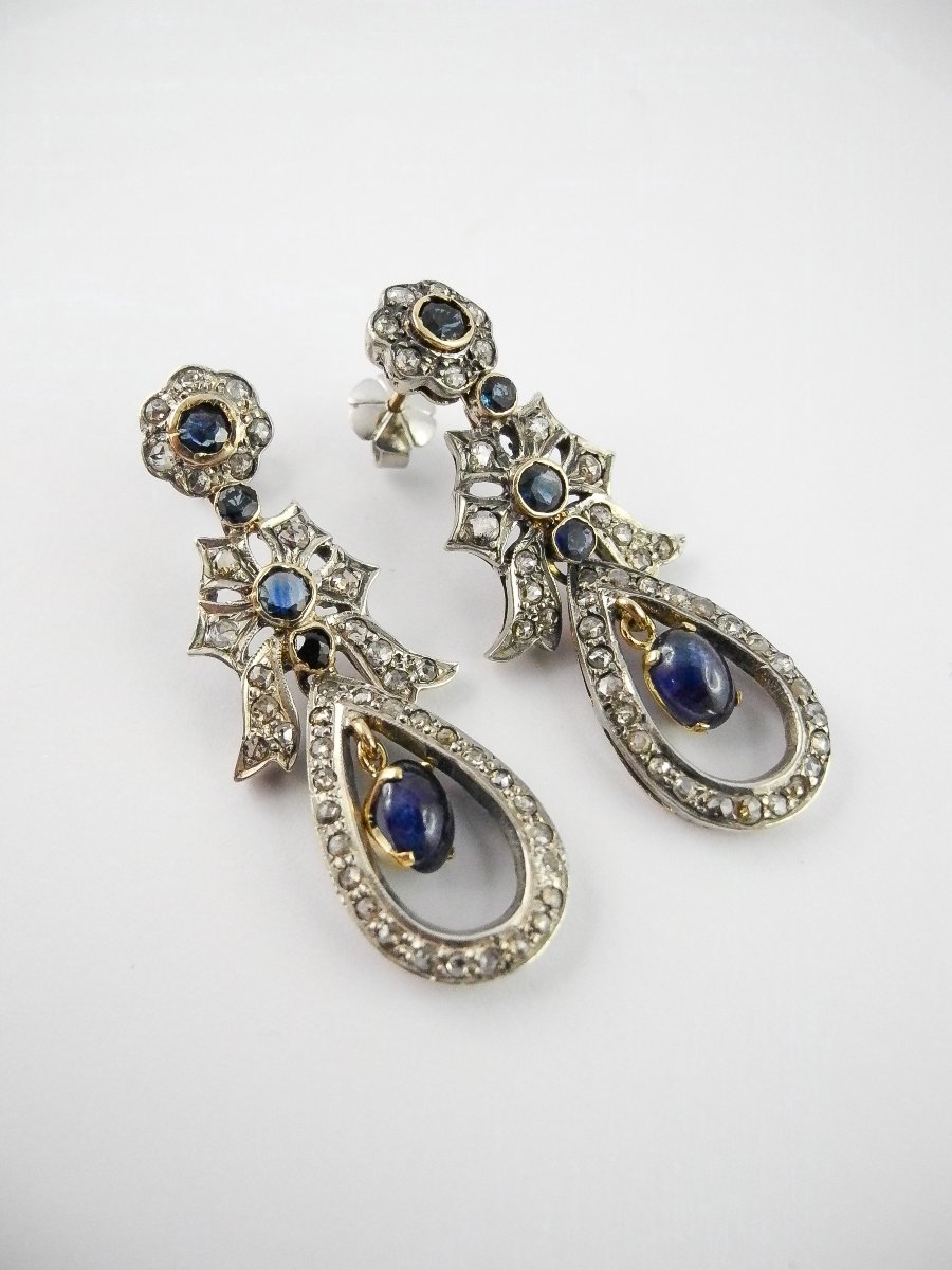 Dangle Earrings With Garland And Knot Motifs, Sapphires And Diamonds On Yellow Gold And Silver-photo-4