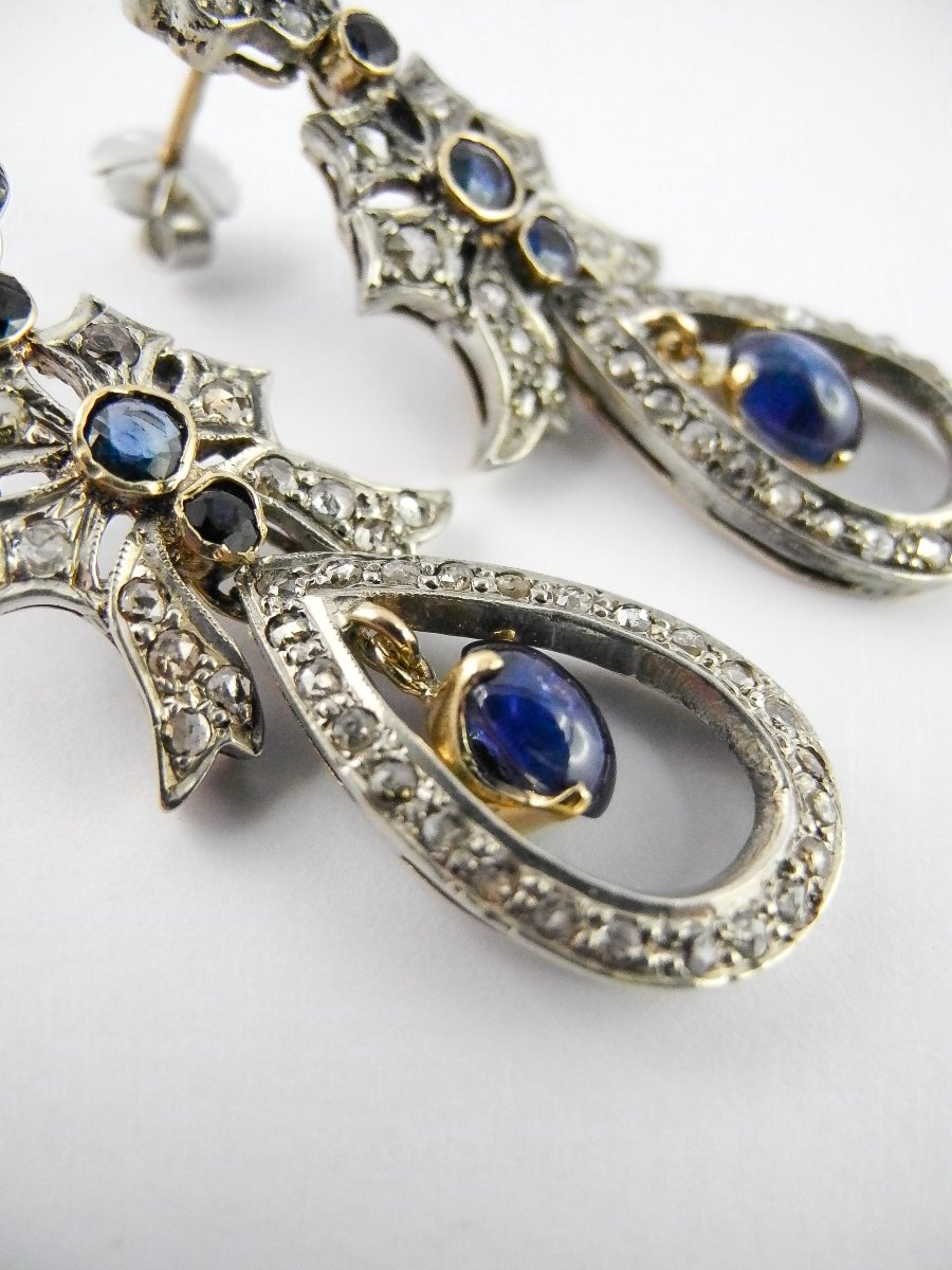 Dangle Earrings With Garland And Knot Motifs, Sapphires And Diamonds On Yellow Gold And Silver-photo-1