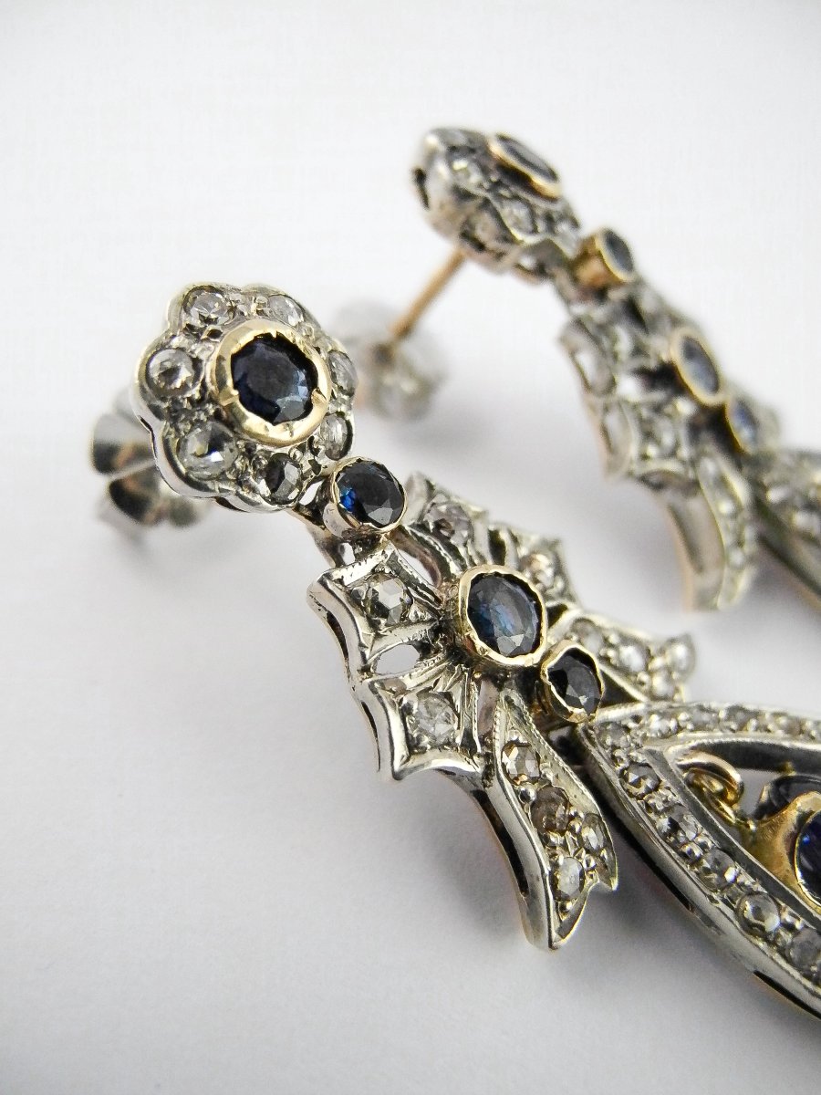 Dangle Earrings With Garland And Knot Motifs, Sapphires And Diamonds On Yellow Gold And Silver-photo-2