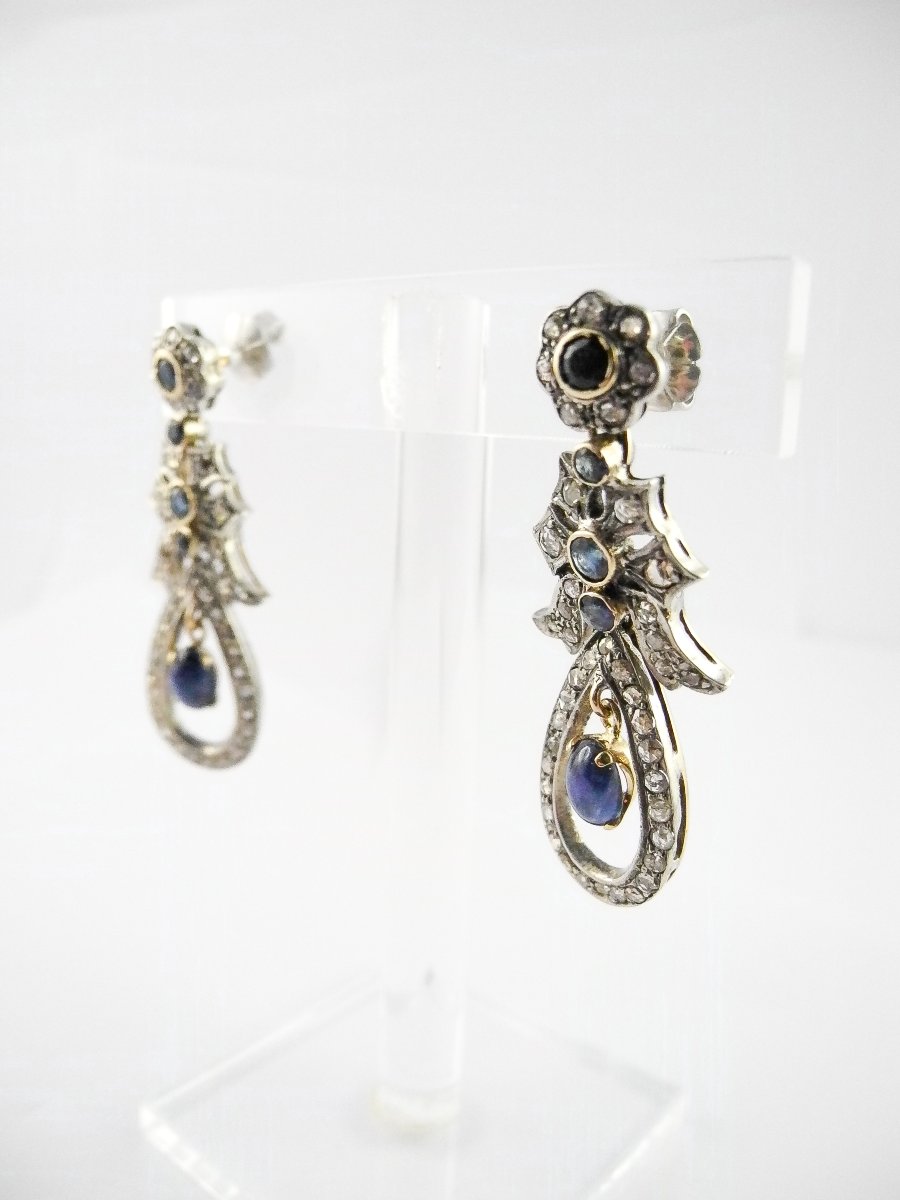 Dangle Earrings With Garland And Knot Motifs, Sapphires And Diamonds On Yellow Gold And Silver-photo-4