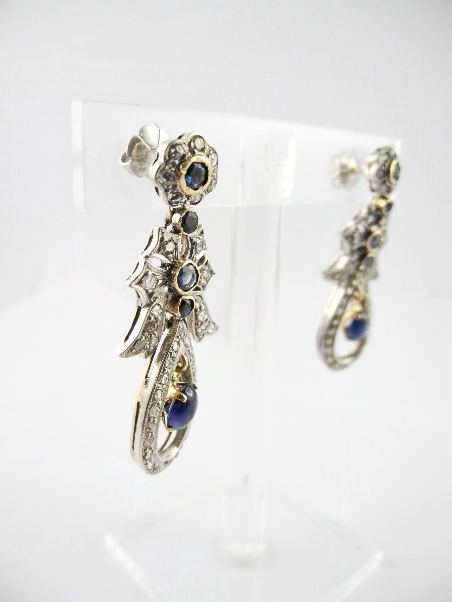 Dangle Earrings With Garland And Knot Motifs, Sapphires And Diamonds On Yellow Gold And Silver-photo-5