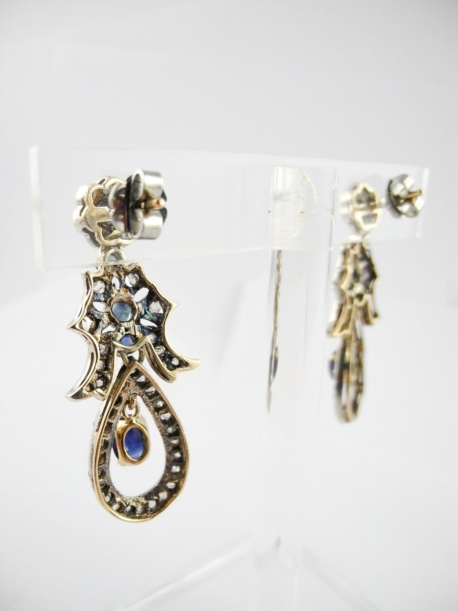 Dangle Earrings With Garland And Knot Motifs, Sapphires And Diamonds On Yellow Gold And Silver-photo-6