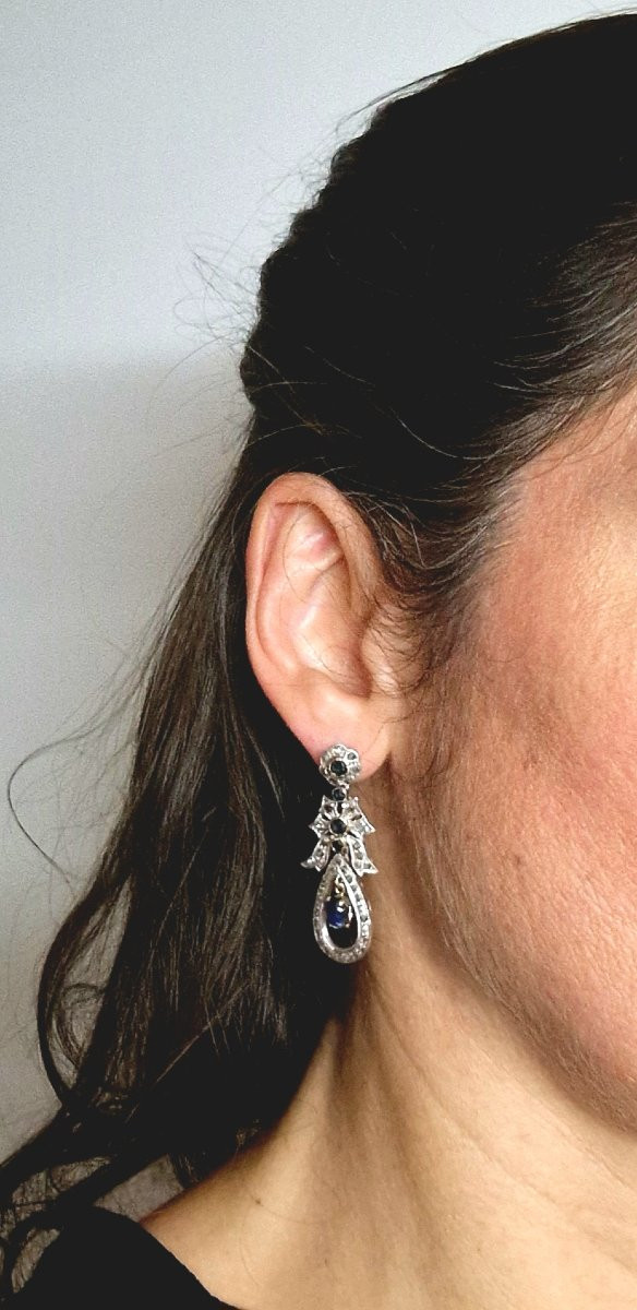 Dangle Earrings With Garland And Knot Motifs, Sapphires And Diamonds On Yellow Gold And Silver-photo-8