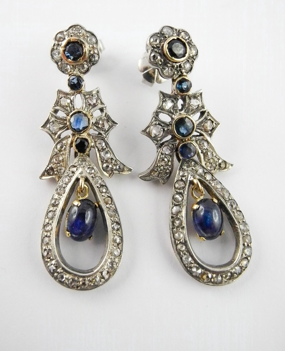Dangle Earrings With Garland And Knot Motifs, Sapphires And Diamonds On Yellow Gold And Silver