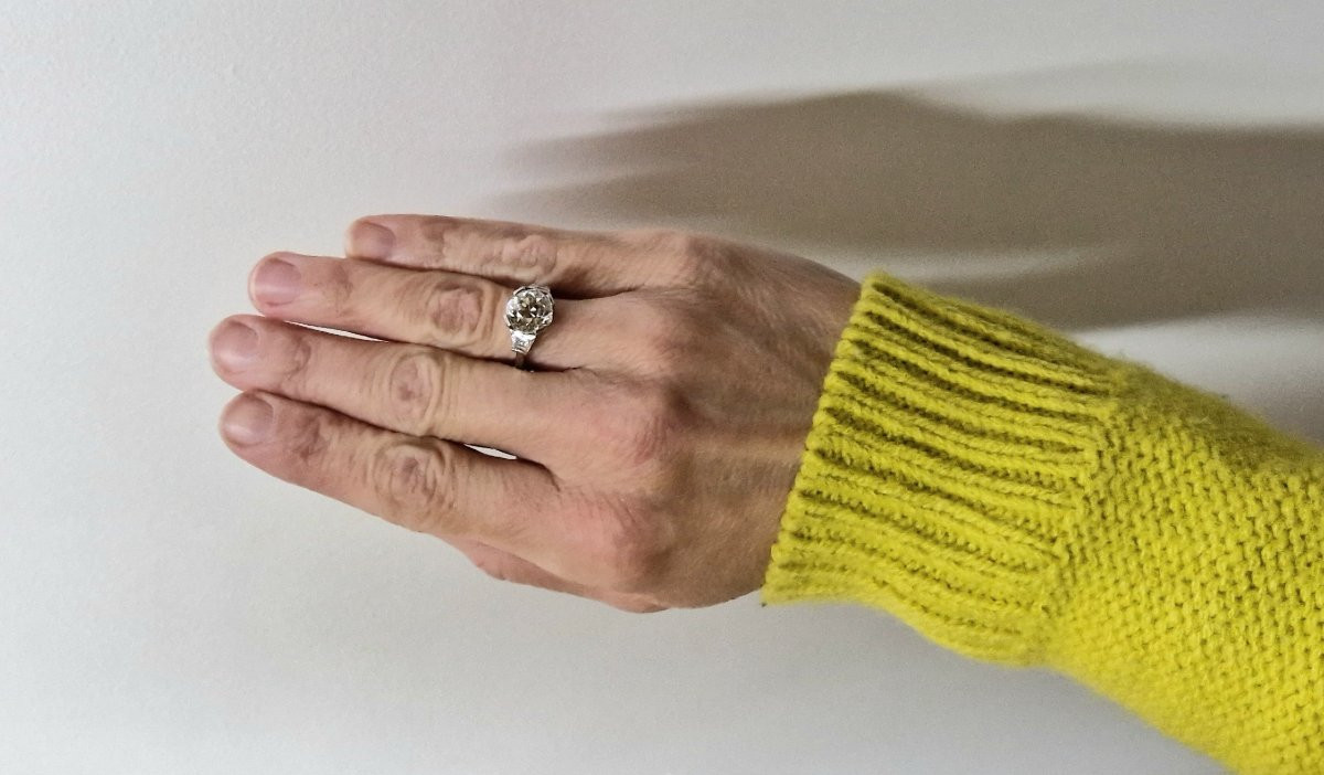 Bague Solitaire Style Art Déco Diamant Taille Ancienne 3,95 ct Et Diamants Teppers Sur Platine-photo-6