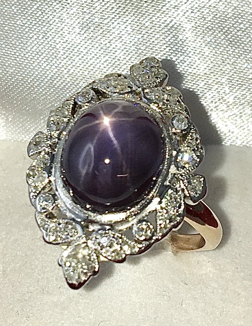 Marquise Ring With Mauve Starry Sapphire And Diamonds On Rose And White Gold, Belle Epoque Style-photo-2
