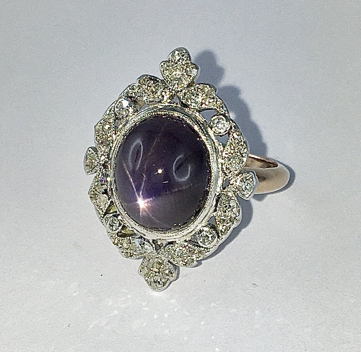 Marquise Ring With Mauve Starry Sapphire And Diamonds On Rose And White Gold, Belle Epoque Style-photo-3