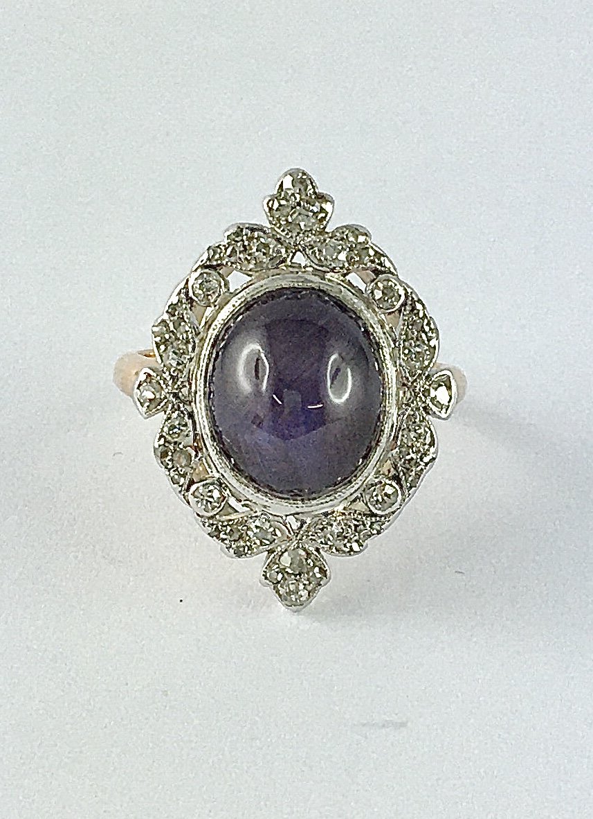 Marquise Ring With Mauve Starry Sapphire And Diamonds On Rose And White Gold, Belle Epoque Style-photo-1