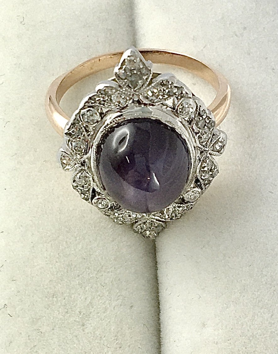Marquise Ring With Mauve Starry Sapphire And Diamonds On Rose And White Gold, Belle Epoque Style-photo-3