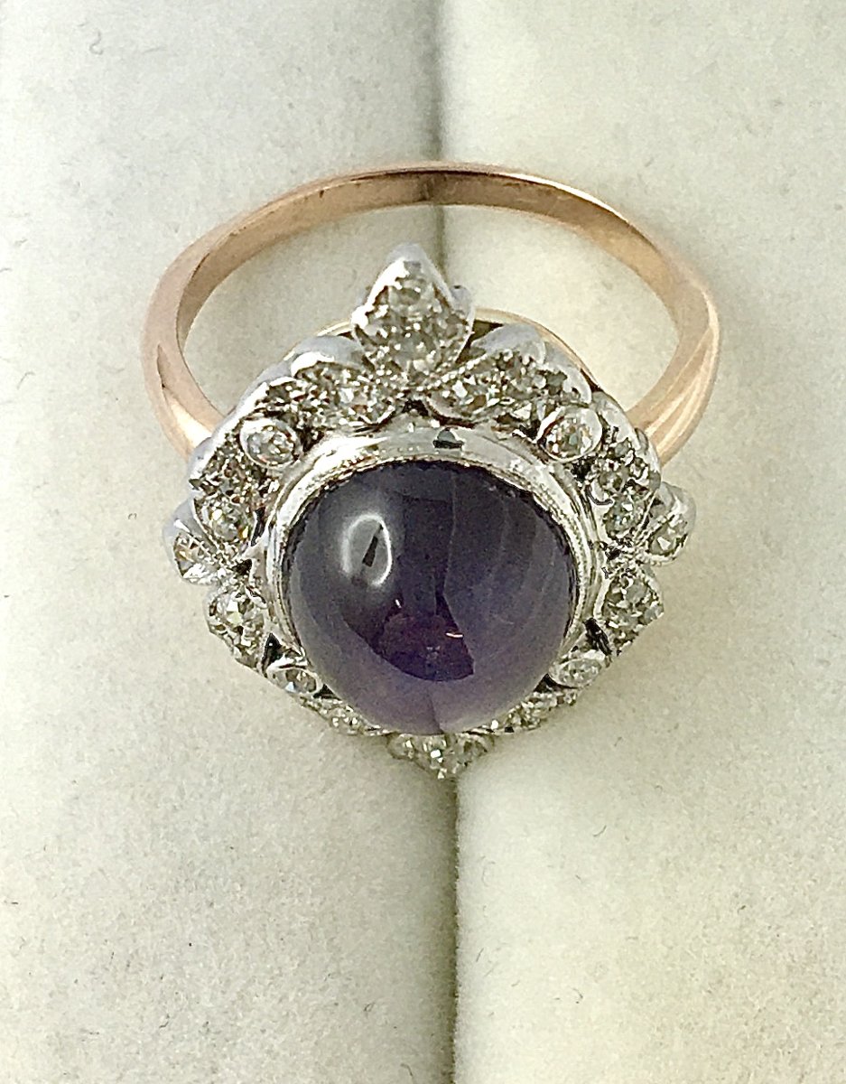 Marquise Ring With Mauve Starry Sapphire And Diamonds On Rose And White Gold, Belle Epoque Style-photo-4