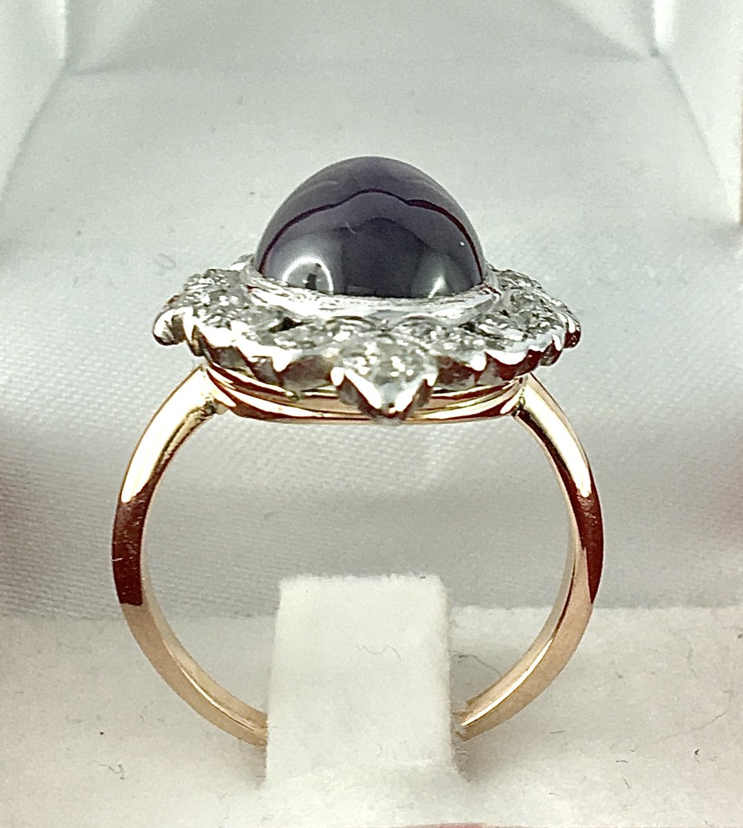Marquise Ring With Mauve Starry Sapphire And Diamonds On Rose And White Gold, Belle Epoque Style-photo-5