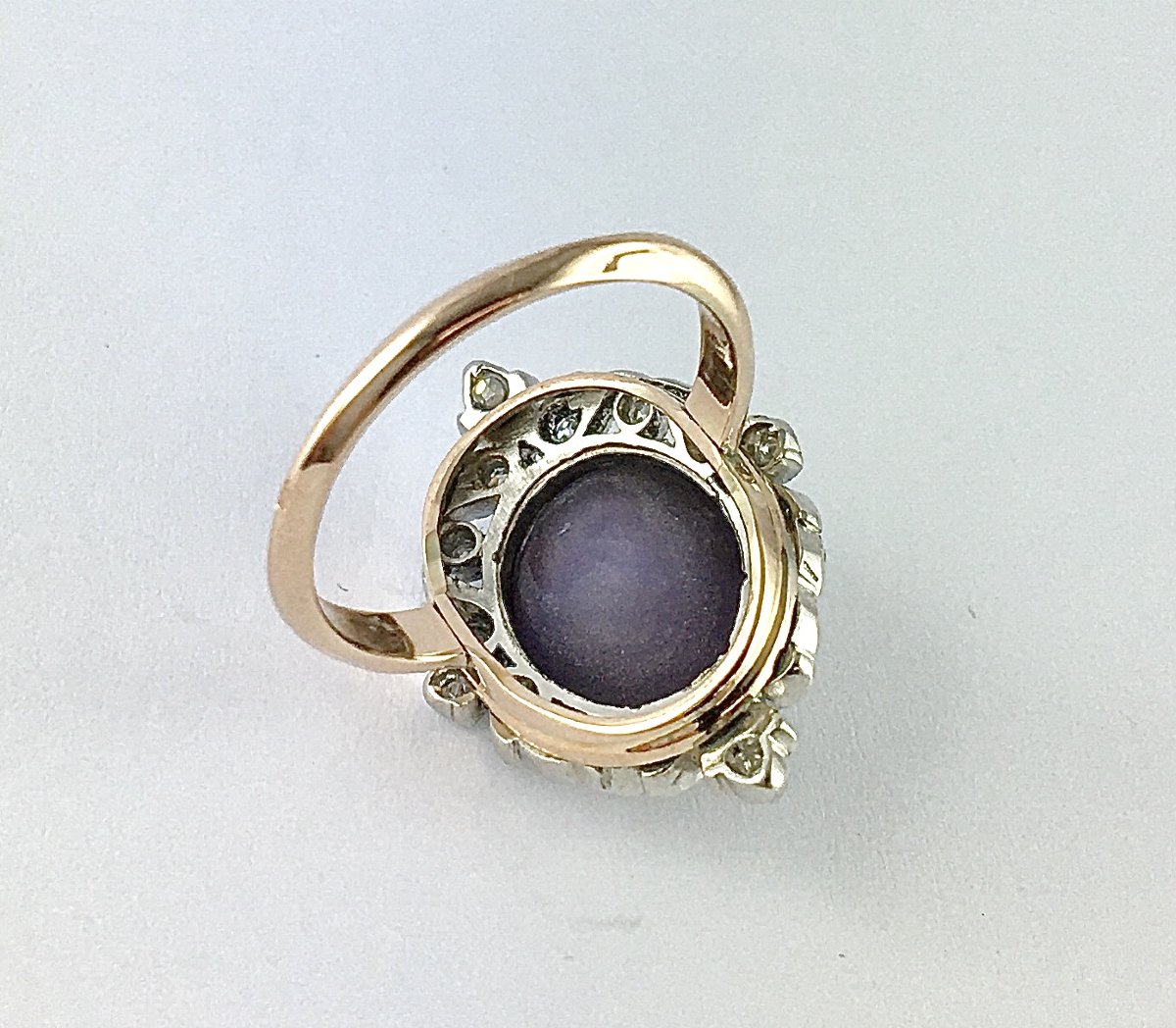 Marquise Ring With Mauve Starry Sapphire And Diamonds On Rose And White Gold, Belle Epoque Style-photo-7