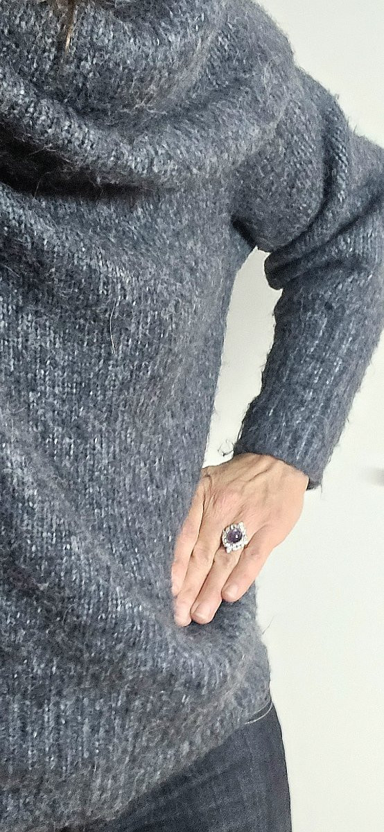 Marquise Ring With Mauve Starry Sapphire And Diamonds On Rose And White Gold, Belle Epoque Style-photo-8