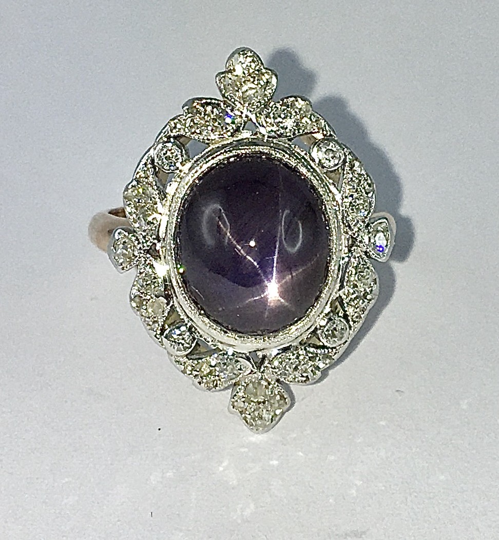 Marquise Ring With Mauve Starry Sapphire And Diamonds On Rose And White Gold, Belle Epoque Style