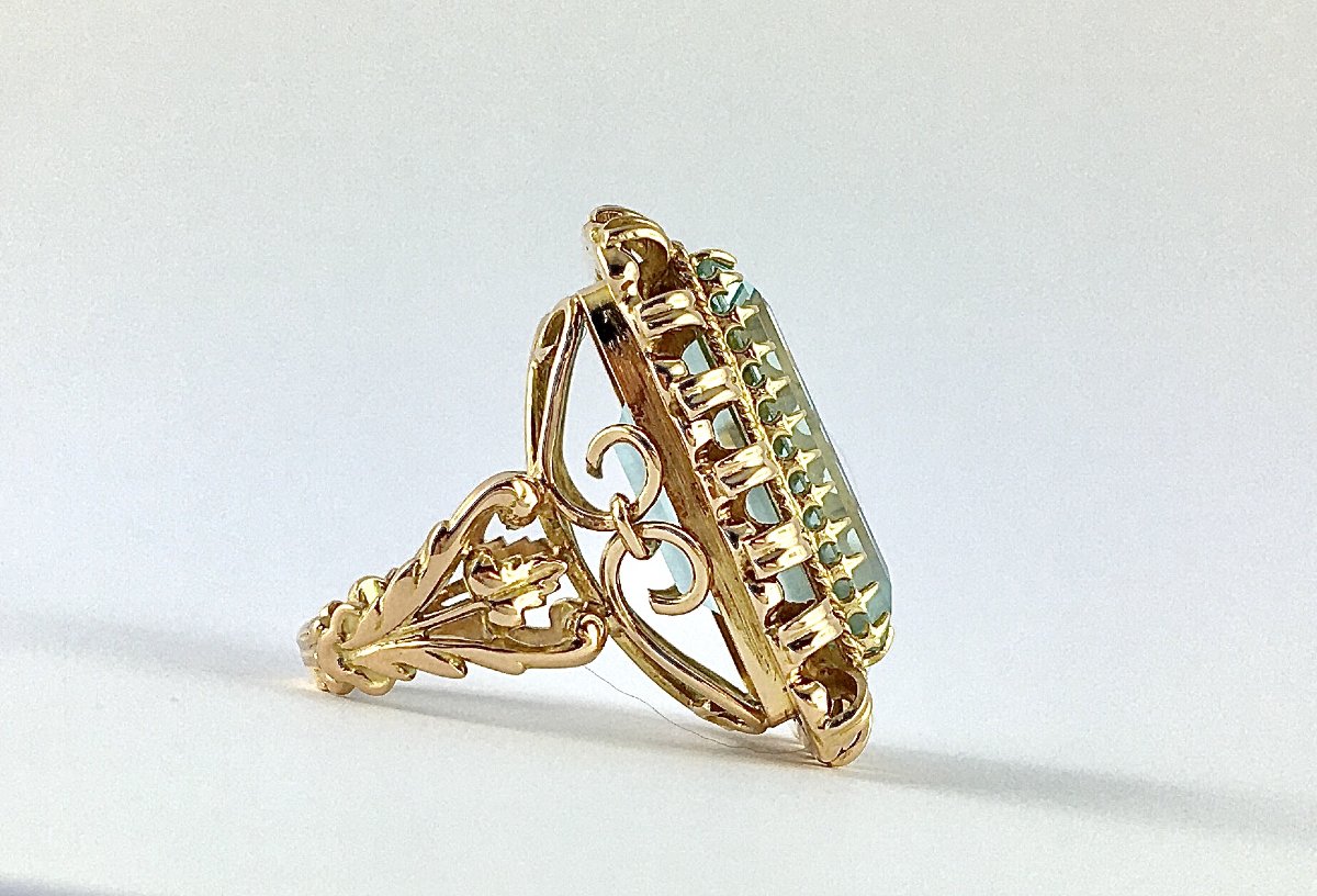 Bague de Cocktail Aigue-marine Sur Or Rose Années 50-photo-3