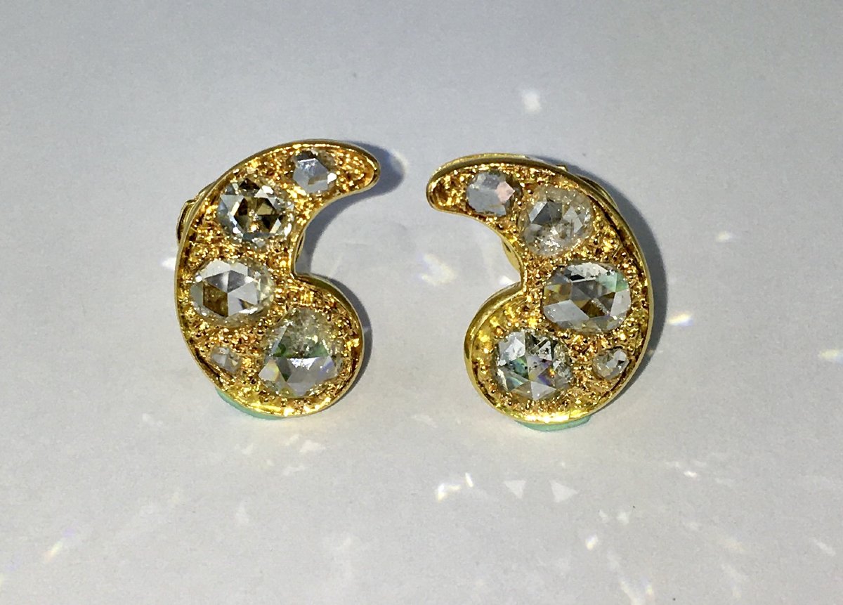Boucles d’Oreilles Motif Cachemire Diamants Tailles Rose sur Or Jaune -photo-2
