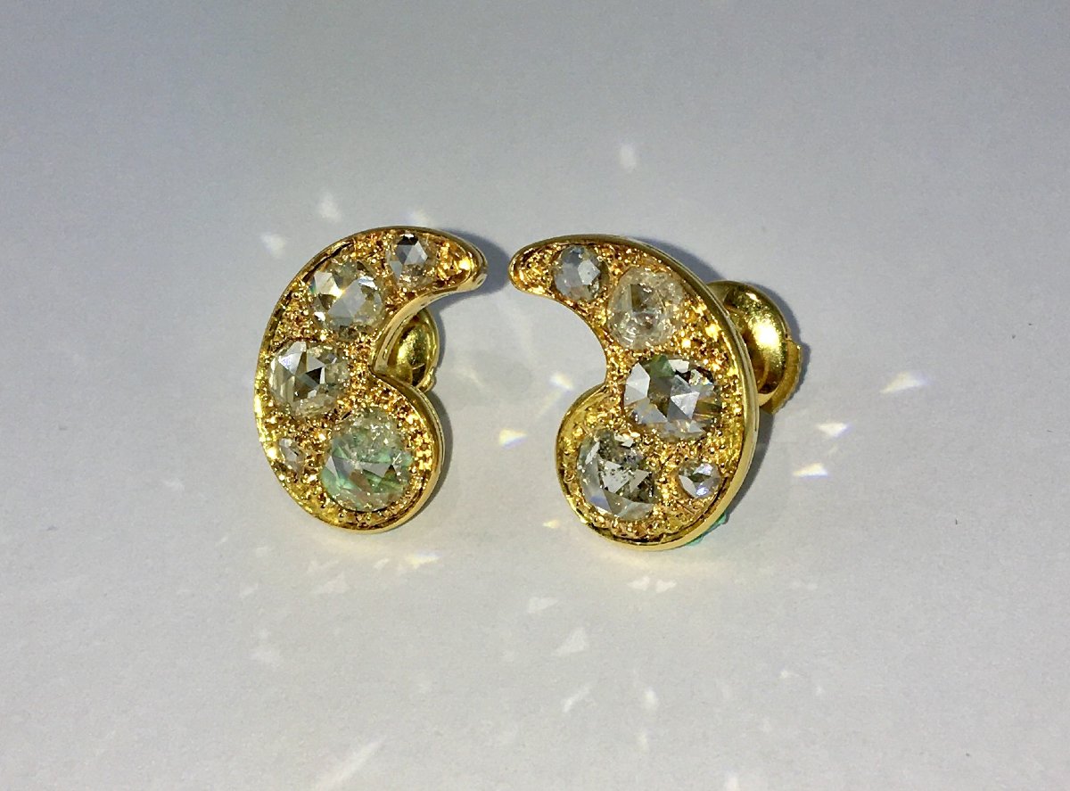 Boucles d’Oreilles Motif Cachemire Diamants Tailles Rose sur Or Jaune -photo-3